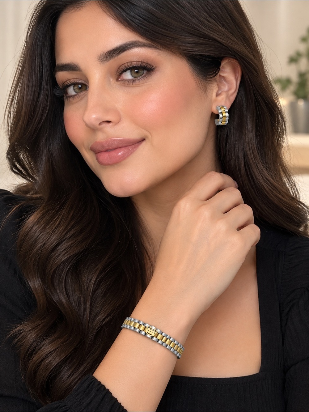 Gold plated stainless steel Two-Tone Gold & Silver Bracelet and Earring Set